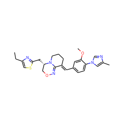 CCc1csc(C[C@H]2CON=C3/C(=C/c4ccc(-n5cnc(C)c5)c(OC)c4)CCCN32)n1 ZINC000095577548