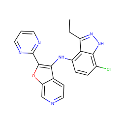 CCc1n[nH]c2c(Cl)ccc(Nc3c(-c4ncccn4)oc4cnccc34)c12 ZINC000066078674