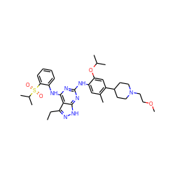 CCc1n[nH]c2nc(Nc3cc(C)c(C4CCN(CCOC)CC4)cc3OC(C)C)nc(Nc3ccccc3S(=O)(=O)C(C)C)c12 ZINC000096177919