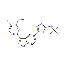 CCc1nc(-c2c[nH]c3ccc(-c4nnc(NC(C)(C)C)o4)cc23)ncc1F ZINC000204758998