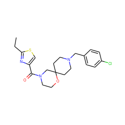 CCc1nc(C(=O)N2CCOC3(CCN(Cc4ccc(Cl)cc4)CC3)C2)cs1 ZINC000064573271