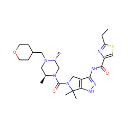 CCc1nc(C(=O)Nc2n[nH]c3c2CN(C(=O)N2C[C@@H](C)N(CC4CCOCC4)C[C@@H]2C)C3(C)C)cs1 ZINC000114182265