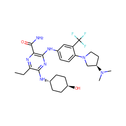 CCc1nc(C(N)=O)c(Nc2ccc(N3CC[C@@H](N(C)C)C3)c(C(F)(F)F)c2)nc1N[C@H]1CC[C@H](O)CC1 ZINC000261158761