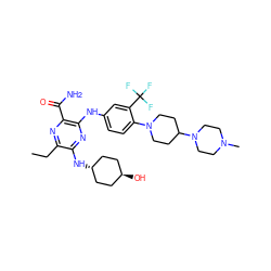 CCc1nc(C(N)=O)c(Nc2ccc(N3CCC(N4CCN(C)CC4)CC3)c(C(F)(F)F)c2)nc1N[C@H]1CC[C@H](O)CC1 ZINC000261132695