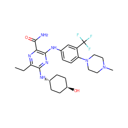 CCc1nc(C(N)=O)c(Nc2ccc(N3CCN(C)CC3)c(C(F)(F)F)c2)nc1N[C@H]1CC[C@H](O)CC1 ZINC000261188278