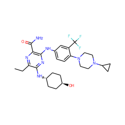 CCc1nc(C(N)=O)c(Nc2ccc(N3CCN(C4CC4)CC3)c(C(F)(F)F)c2)nc1N[C@H]1CC[C@H](O)CC1 ZINC000261099411