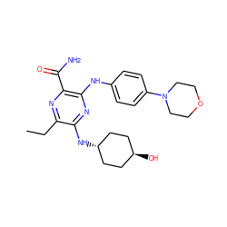 CCc1nc(C(N)=O)c(Nc2ccc(N3CCOCC3)cc2)nc1N[C@H]1CC[C@H](O)CC1 ZINC000261132325