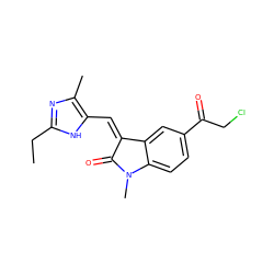 CCc1nc(C)c(/C=C2\C(=O)N(C)c3ccc(C(=O)CCl)cc32)[nH]1 ZINC000072105907