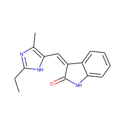 CCc1nc(C)c(/C=C2\C(=O)Nc3ccccc32)[nH]1 ZINC000004302693