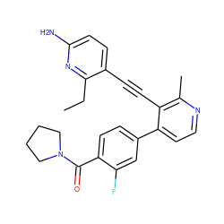 CCc1nc(N)ccc1C#Cc1c(-c2ccc(C(=O)N3CCCC3)c(F)c2)ccnc1C ZINC000202386074