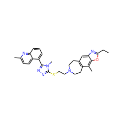 CCc1nc2cc3c(c(C)c2o1)CCN(CCSc1nnc(-c2cccc4nc(C)ccc24)n1C)CC3 ZINC000029127080