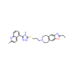 CCc1nc2cc3c(cc2o1)CCN(CCCSc1nnc(-c2cccc4nc(C)ccc24)n1C)CC3 ZINC000029126760