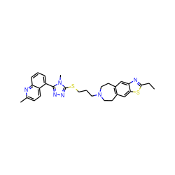 CCc1nc2cc3c(cc2s1)CCN(CCCSc1nnc(-c2cccc4nc(C)ccc24)n1C)CC3 ZINC000029126802