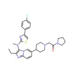 CCc1nc2ccc(C3CCN(CC(=O)N4CCCC4)CC3)cn2c1N(C)c1nc(-c2ccc(F)cc2)cs1 ZINC000217921058