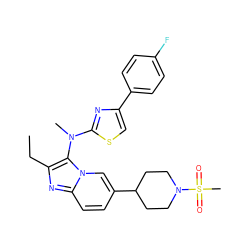 CCc1nc2ccc(C3CCN(S(C)(=O)=O)CC3)cn2c1N(C)c1nc(-c2ccc(F)cc2)cs1 ZINC000224265122