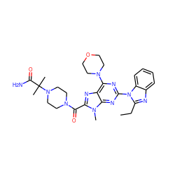 CCc1nc2ccccc2n1-c1nc(N2CCOCC2)c2nc(C(=O)N3CCN(C(C)(C)C(N)=O)CC3)n(C)c2n1 ZINC000096282510