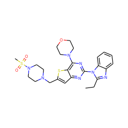 CCc1nc2ccccc2n1-c1nc(N2CCOCC2)c2sc(CN3CCN(S(C)(=O)=O)CC3)cc2n1 ZINC000095552493