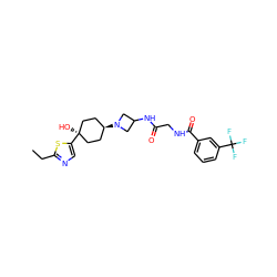 CCc1ncc([C@]2(O)CC[C@H](N3CC(NC(=O)CNC(=O)c4cccc(C(F)(F)F)c4)C3)CC2)s1 ZINC000101588040