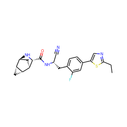 CCc1ncc(-c2ccc(C[C@@H](C#N)NC(=O)[C@H]3N[C@H]4C[C@@H]3[C@@H]3C[C@H]43)c(F)c2)s1 ZINC000219319881