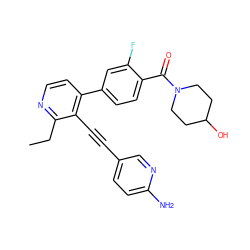 CCc1nccc(-c2ccc(C(=O)N3CCC(O)CC3)c(F)c2)c1C#Cc1ccc(N)nc1 ZINC000202385599