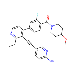 CCc1nccc(-c2ccc(C(=O)N3CCC(OC)CC3)c(F)c2)c1C#Cc1ccc(N)nc1 ZINC000202385705