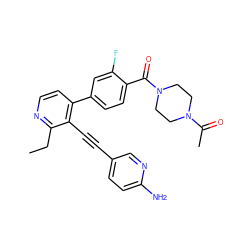 CCc1nccc(-c2ccc(C(=O)N3CCN(C(C)=O)CC3)c(F)c2)c1C#Cc1ccc(N)nc1 ZINC000114416072