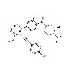 CCc1nccc(-c2ccc(C(=O)N3CCN(C(C)C)[C@H](C)C3)c(F)c2)c1C#Cc1ccc(N)nc1 ZINC000202385312