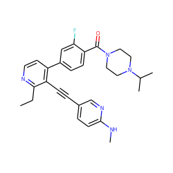 CCc1nccc(-c2ccc(C(=O)N3CCN(C(C)C)CC3)c(F)c2)c1C#Cc1ccc(NC)nc1 ZINC000205570796