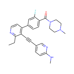 CCc1nccc(-c2ccc(C(=O)N3CCN(C)CC3)c(F)c2)c1C#Cc1ccc(NC)nc1 ZINC000114414567