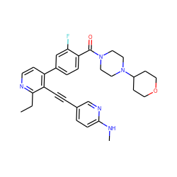 CCc1nccc(-c2ccc(C(=O)N3CCN(C4CCOCC4)CC3)c(F)c2)c1C#Cc1ccc(NC)nc1 ZINC000114414100