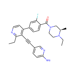 CCc1nccc(-c2ccc(C(=O)N3CCN(CC)[C@H](C)C3)c(F)c2)c1C#Cc1ccc(N)nc1 ZINC000202388004