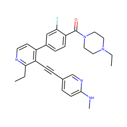 CCc1nccc(-c2ccc(C(=O)N3CCN(CC)CC3)c(F)c2)c1C#Cc1ccc(NC)nc1 ZINC000114411739