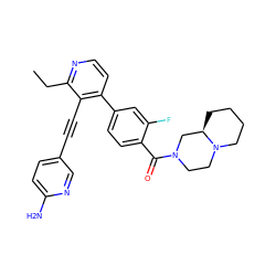 CCc1nccc(-c2ccc(C(=O)N3CCN4CCCC[C@@H]4C3)c(F)c2)c1C#Cc1ccc(N)nc1 ZINC000202385846