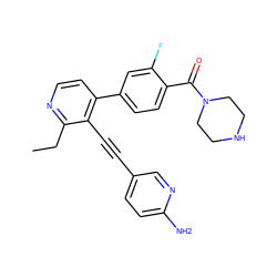 CCc1nccc(-c2ccc(C(=O)N3CCNCC3)c(F)c2)c1C#Cc1ccc(N)nc1 ZINC000114413575