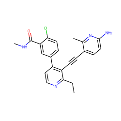 CCc1nccc(-c2ccc(Cl)c(C(=O)NC)c2)c1C#Cc1ccc(N)nc1C ZINC000202386648