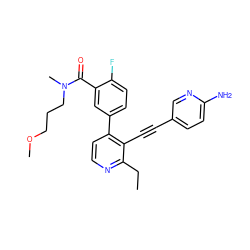 CCc1nccc(-c2ccc(F)c(C(=O)N(C)CCCOC)c2)c1C#Cc1ccc(N)nc1 ZINC000202383589