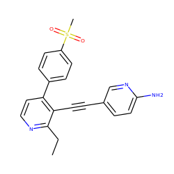 CCc1nccc(-c2ccc(S(C)(=O)=O)cc2)c1C#Cc1ccc(N)nc1 ZINC000202387485