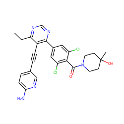 CCc1ncnc(-c2cc(Cl)c(C(=O)N3CCC(C)(O)CC3)c(Cl)c2)c1C#Cc1ccc(N)nc1 ZINC000148550177