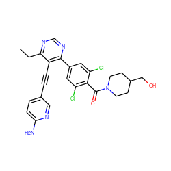 CCc1ncnc(-c2cc(Cl)c(C(=O)N3CCC(CO)CC3)c(Cl)c2)c1C#Cc1ccc(N)nc1 ZINC000167423714