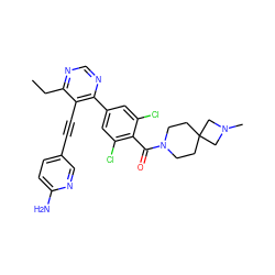 CCc1ncnc(-c2cc(Cl)c(C(=O)N3CCC4(CC3)CN(C)C4)c(Cl)c2)c1C#Cc1ccc(N)nc1 ZINC000167478929