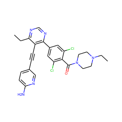 CCc1ncnc(-c2cc(Cl)c(C(=O)N3CCN(CC)CC3)c(Cl)c2)c1C#Cc1ccc(N)nc1 ZINC000072317177