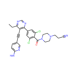 CCc1ncnc(-c2cc(Cl)c(C(=O)N3CCN(CCC#N)CC3)c(Cl)c2)c1C#Cc1ccc(N)nc1 ZINC000167424365