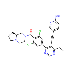 CCc1ncnc(-c2cc(Cl)c(C(=O)N3CCN4CCC[C@H]4C3)c(Cl)c2)c1C#Cc1ccc(N)nc1 ZINC000148675239