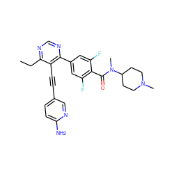 CCc1ncnc(-c2cc(F)c(C(=O)N(C)C3CCN(C)CC3)c(F)c2)c1C#Cc1ccc(N)nc1 ZINC000148860143