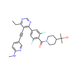 CCc1ncnc(-c2cc(F)c(C(=O)N3CCC(C(C)(C)O)CC3)c(F)c2)c1C#Cc1ccc(NC)nc1 ZINC000148677685