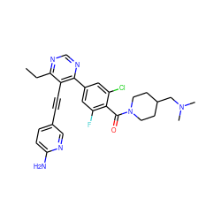 CCc1ncnc(-c2cc(F)c(C(=O)N3CCC(CN(C)C)CC3)c(Cl)c2)c1C#Cc1ccc(N)nc1 ZINC000167457490