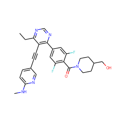 CCc1ncnc(-c2cc(F)c(C(=O)N3CCC(CO)CC3)c(F)c2)c1C#Cc1ccc(NC)nc1 ZINC000148735387