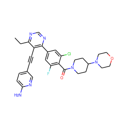 CCc1ncnc(-c2cc(F)c(C(=O)N3CCC(N4CCOCC4)CC3)c(Cl)c2)c1C#Cc1ccc(N)nc1 ZINC000167439045