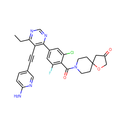 CCc1ncnc(-c2cc(F)c(C(=O)N3CCC4(CC3)CC(=O)CO4)c(Cl)c2)c1C#Cc1ccc(N)nc1 ZINC000167465068