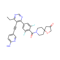 CCc1ncnc(-c2cc(F)c(C(=O)N3CCC4(CC3)CC(=O)CO4)c(F)c2)c1C#Cc1ccc(N)nc1 ZINC000167462888